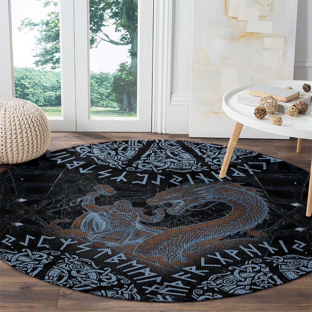 Thor and Jormungandr Norse Mythology Viking Round Carpet Celtic Knot and Rune Art Style