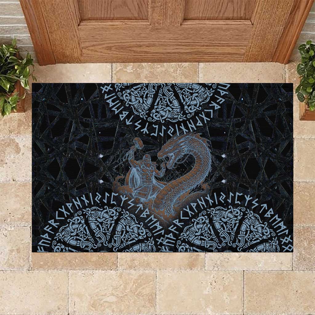 Thor and Jormungandr Norse Mythology Viking Rubber Doormat Celtic Knot and Rune Art Style