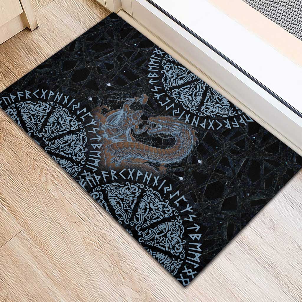 Thor and Jormungandr Norse Mythology Viking Rubber Doormat Celtic Knot and Rune Art Style