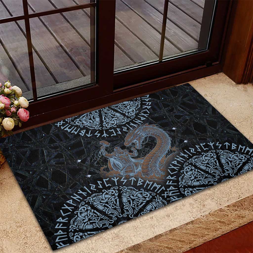 Thor and Jormungandr Norse Mythology Viking Rubber Doormat Celtic Knot and Rune Art Style