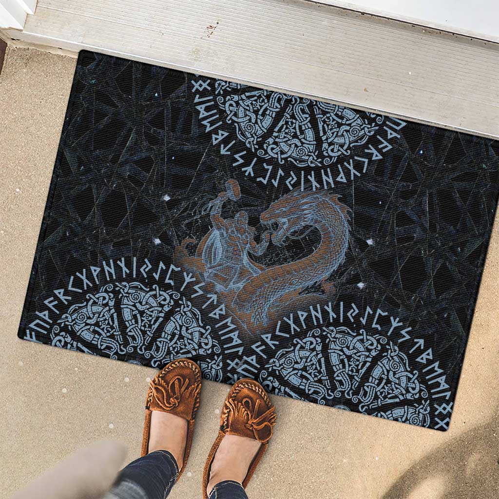 Thor and Jormungandr Norse Mythology Viking Rubber Doormat Celtic Knot and Rune Art Style