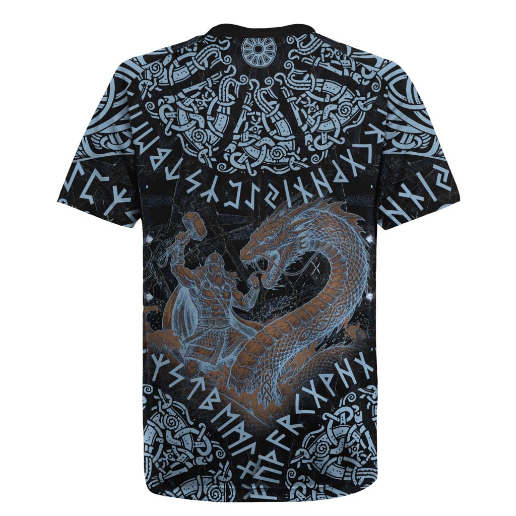 Thor and Jormungandr Norse Mythology Viking Rugby Jersey Celtic Knot and Rune Art Style