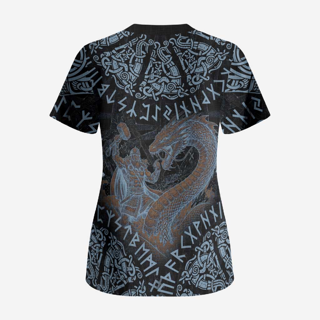 Thor and Jormungandr Norse Mythology Viking Scrub Top Celtic Knot and Rune Art Style