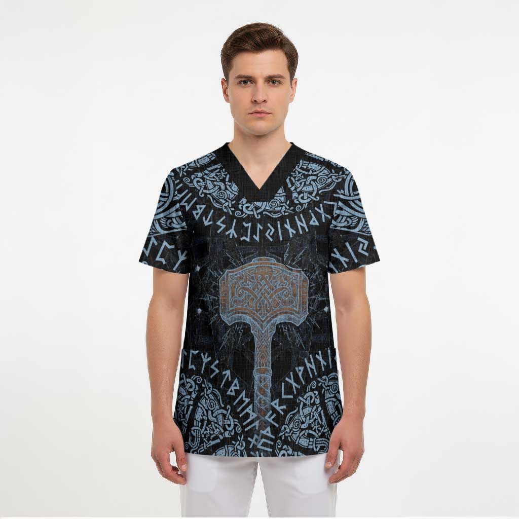 Thor and Jormungandr Norse Mythology Viking Scrub Top Celtic Knot and Rune Art Style