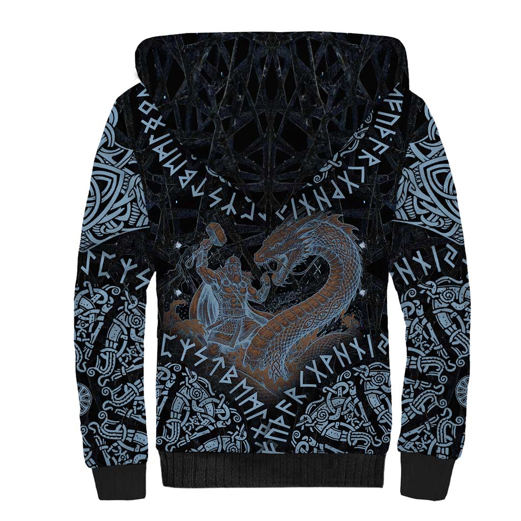 Thor and Jormungandr Norse Mythology Viking Sherpa Hoodie Celtic Knot and Rune Art Style