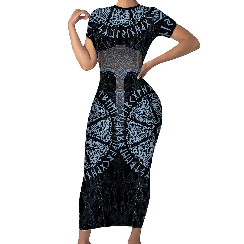 Thor and Jormungandr Norse Mythology Viking Short Sleeve Bodycon Dress Celtic Knot and Rune Art Style