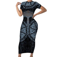 Thor and Jormungandr Norse Mythology Viking Short Sleeve Bodycon Dress Celtic Knot and Rune Art Style