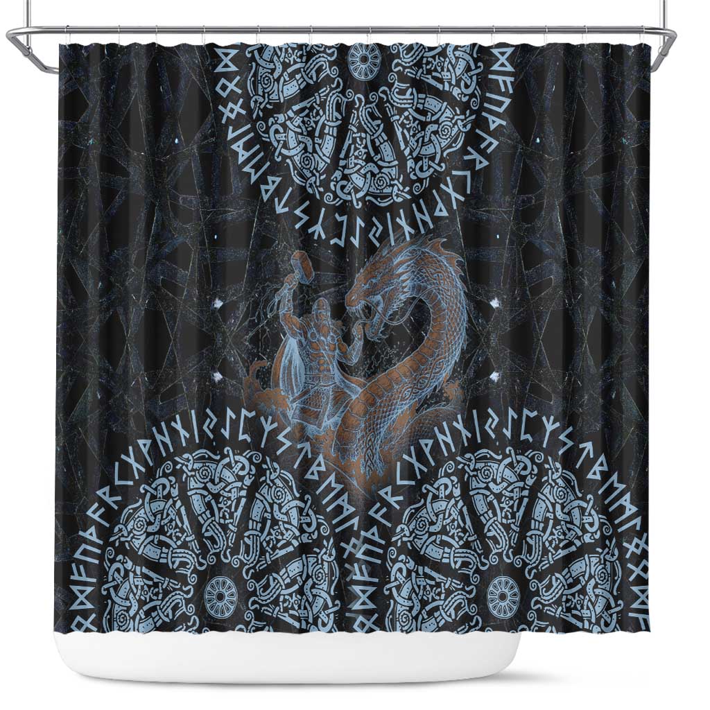 Thor and Jormungandr Norse Mythology Viking Shower Curtain Celtic Knot and Rune Art Style