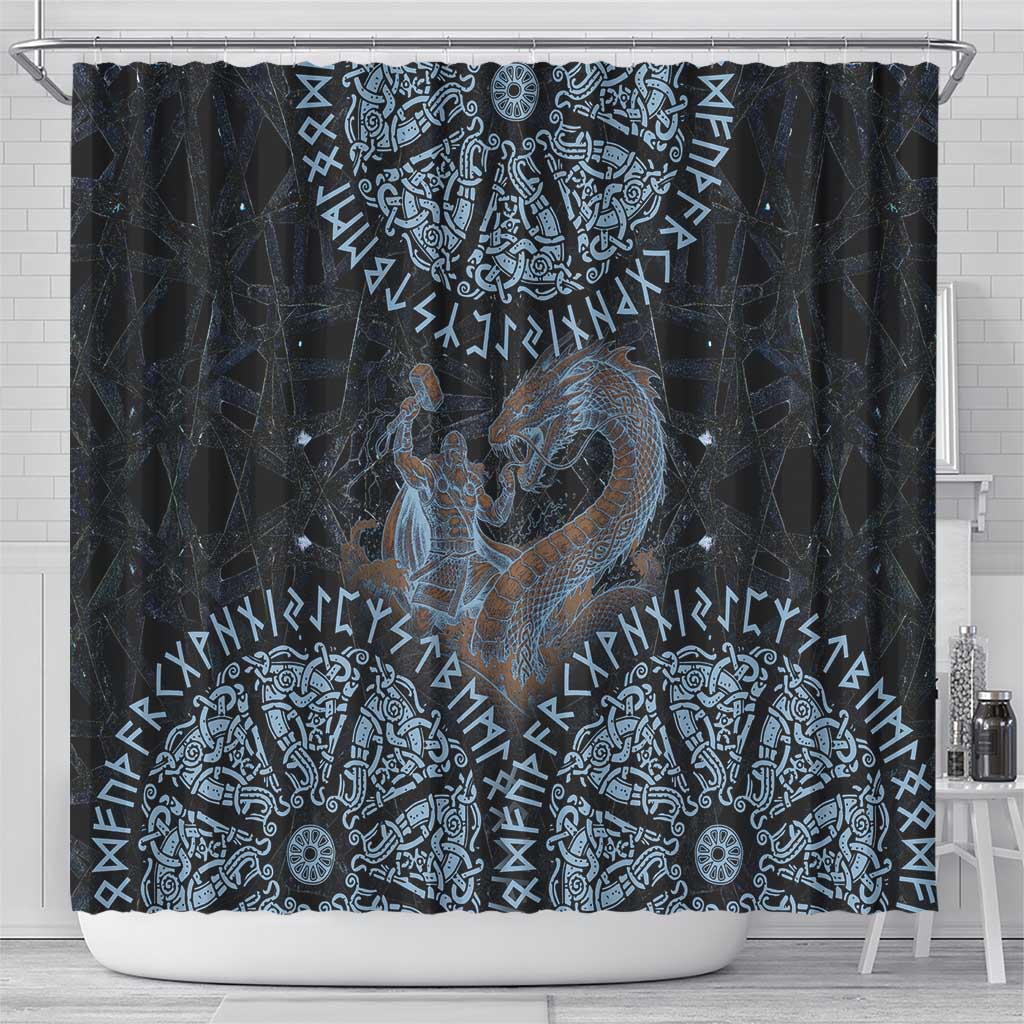 Thor and Jormungandr Norse Mythology Viking Shower Curtain Celtic Knot and Rune Art Style