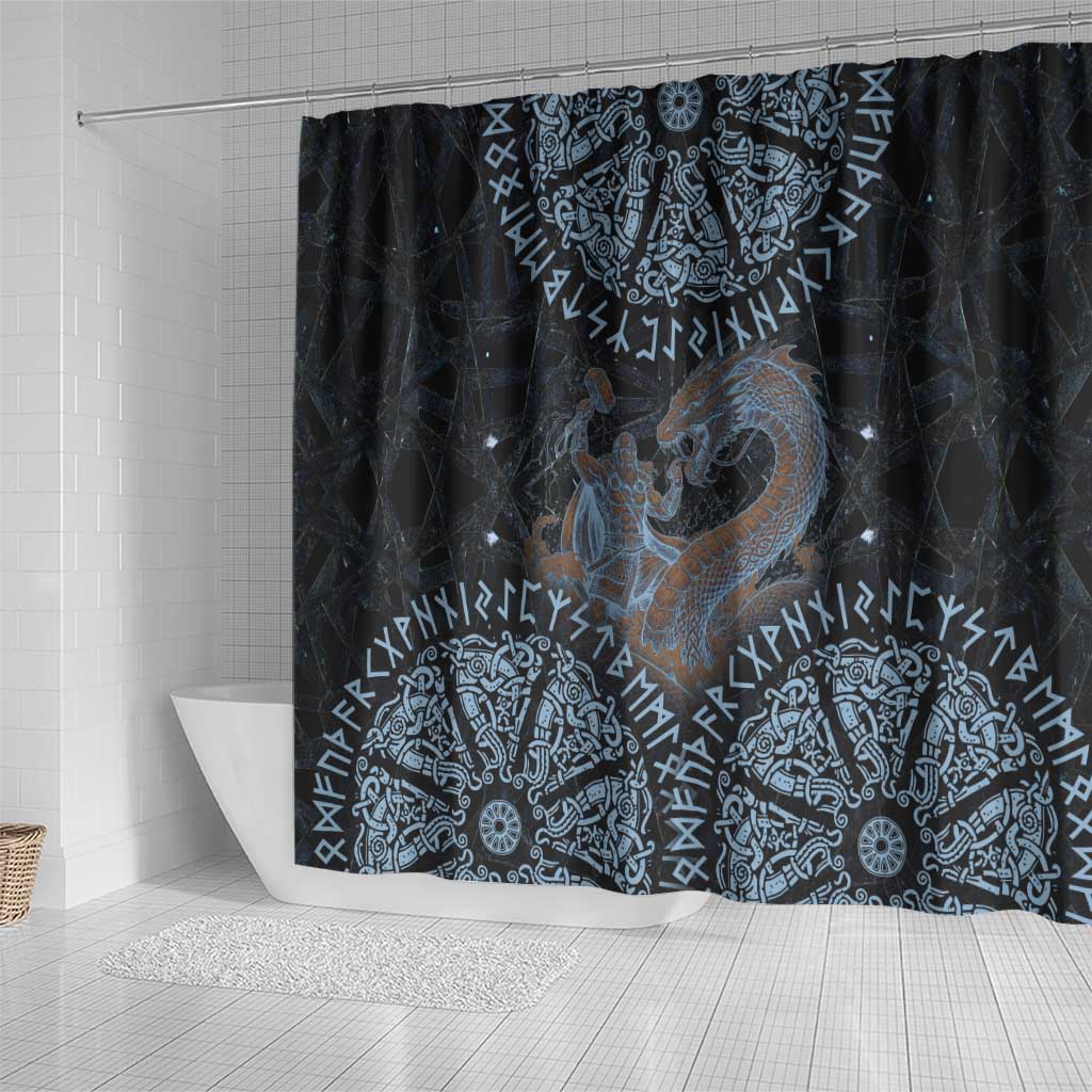 Thor and Jormungandr Norse Mythology Viking Shower Curtain Celtic Knot and Rune Art Style