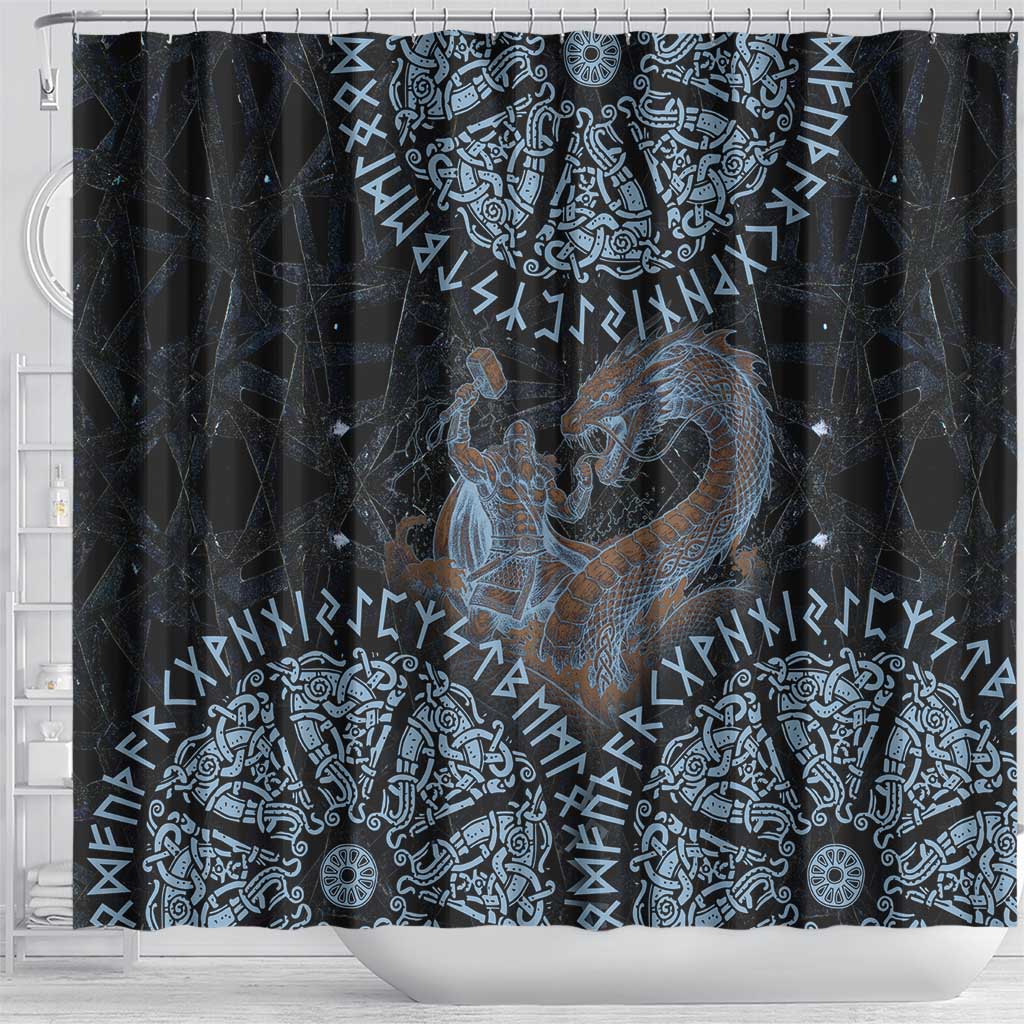Thor and Jormungandr Norse Mythology Viking Shower Curtain Celtic Knot and Rune Art Style