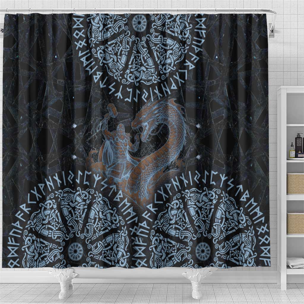 Thor and Jormungandr Norse Mythology Viking Shower Curtain Celtic Knot and Rune Art Style