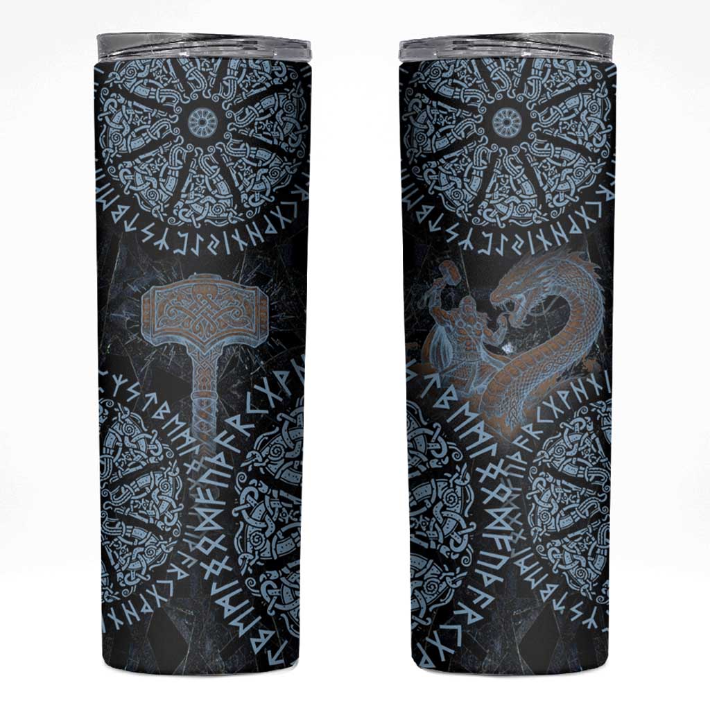 Thor and Jormungandr Norse Mythology Viking Skinny Tumbler Celtic Knot and Rune Art Style