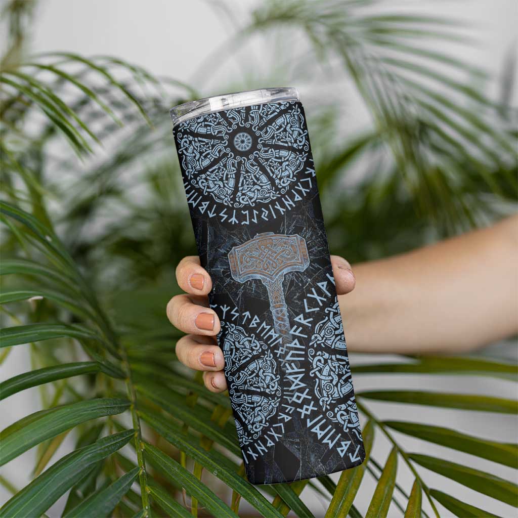Thor and Jormungandr Norse Mythology Viking Skinny Tumbler Celtic Knot and Rune Art Style