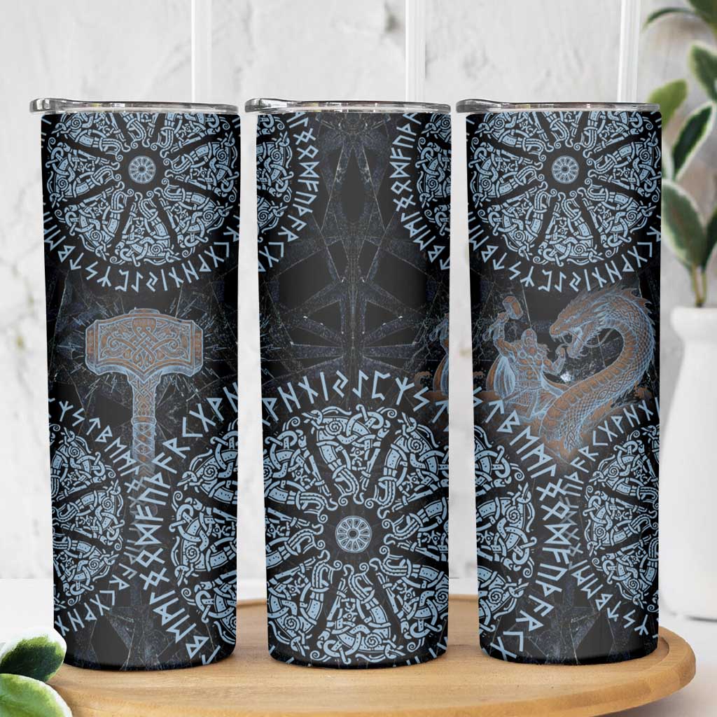 Thor and Jormungandr Norse Mythology Viking Skinny Tumbler Celtic Knot and Rune Art Style