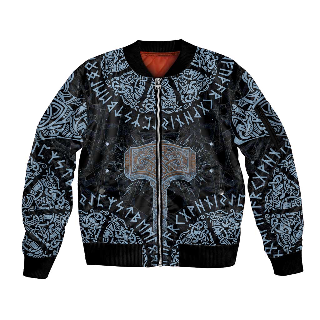 Thor and Jormungandr Norse Mythology Viking Sleeve Zip Bomber Jacket Celtic Knot and Rune Art Style