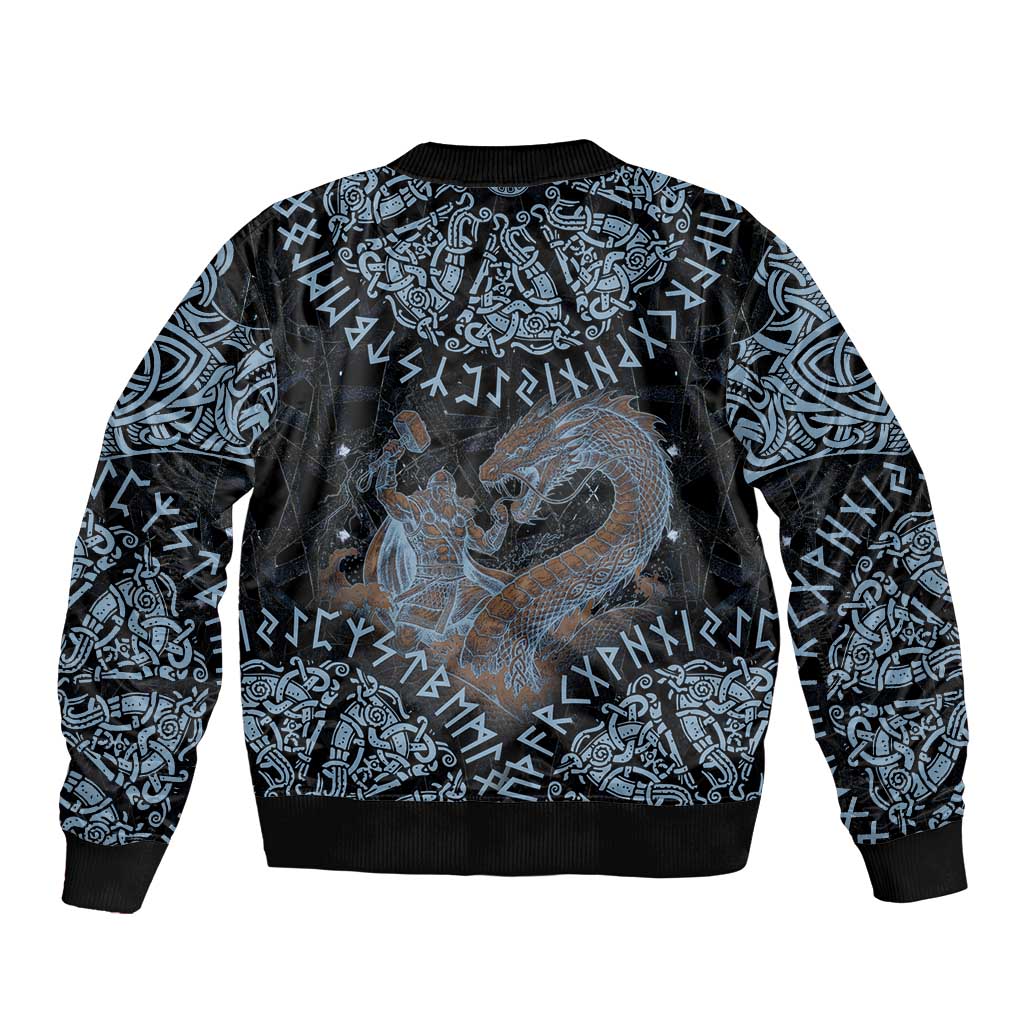Thor and Jormungandr Norse Mythology Viking Sleeve Zip Bomber Jacket Celtic Knot and Rune Art Style