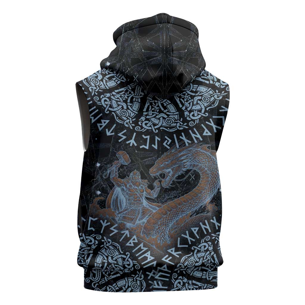 Thor and Jormungandr Norse Mythology Viking Sleeveless Hoodie Celtic Knot and Rune Art Style