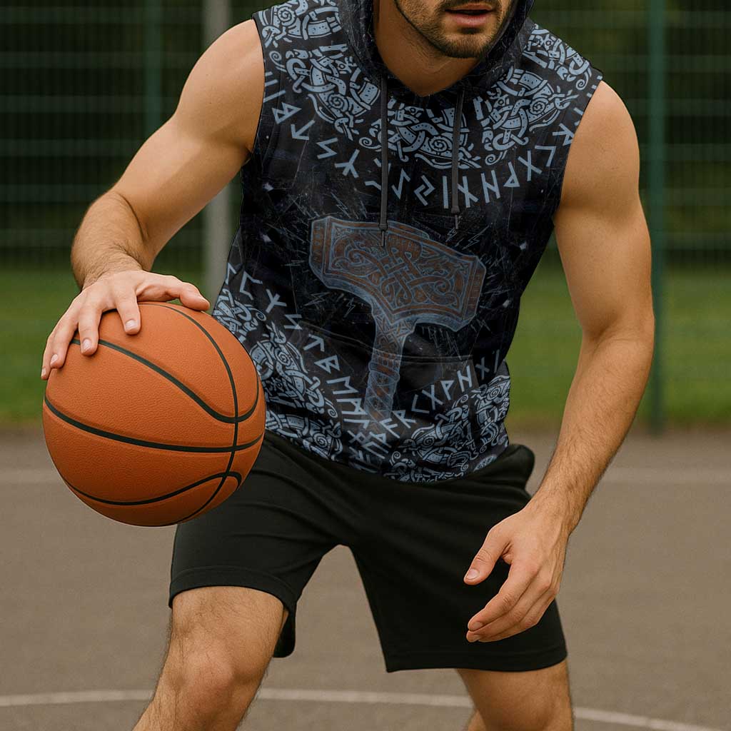 Thor and Jormungandr Norse Mythology Viking Sleeveless Hoodie Celtic Knot and Rune Art Style