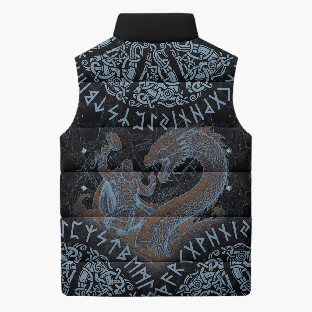 Thor and Jormungandr Norse Mythology Viking Sleeveless Puffer Jacket Celtic Knot and Rune Art Style