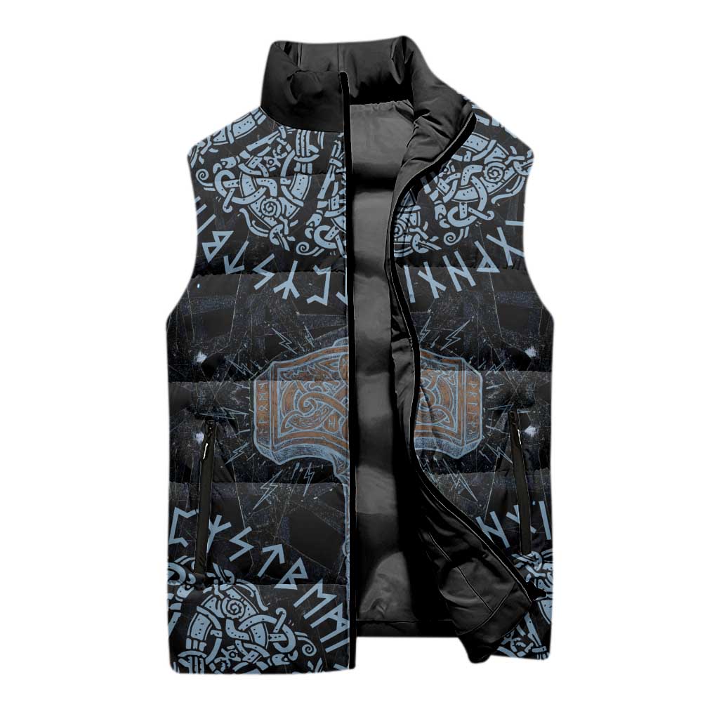 Thor and Jormungandr Norse Mythology Viking Sleeveless Puffer Jacket Celtic Knot and Rune Art Style