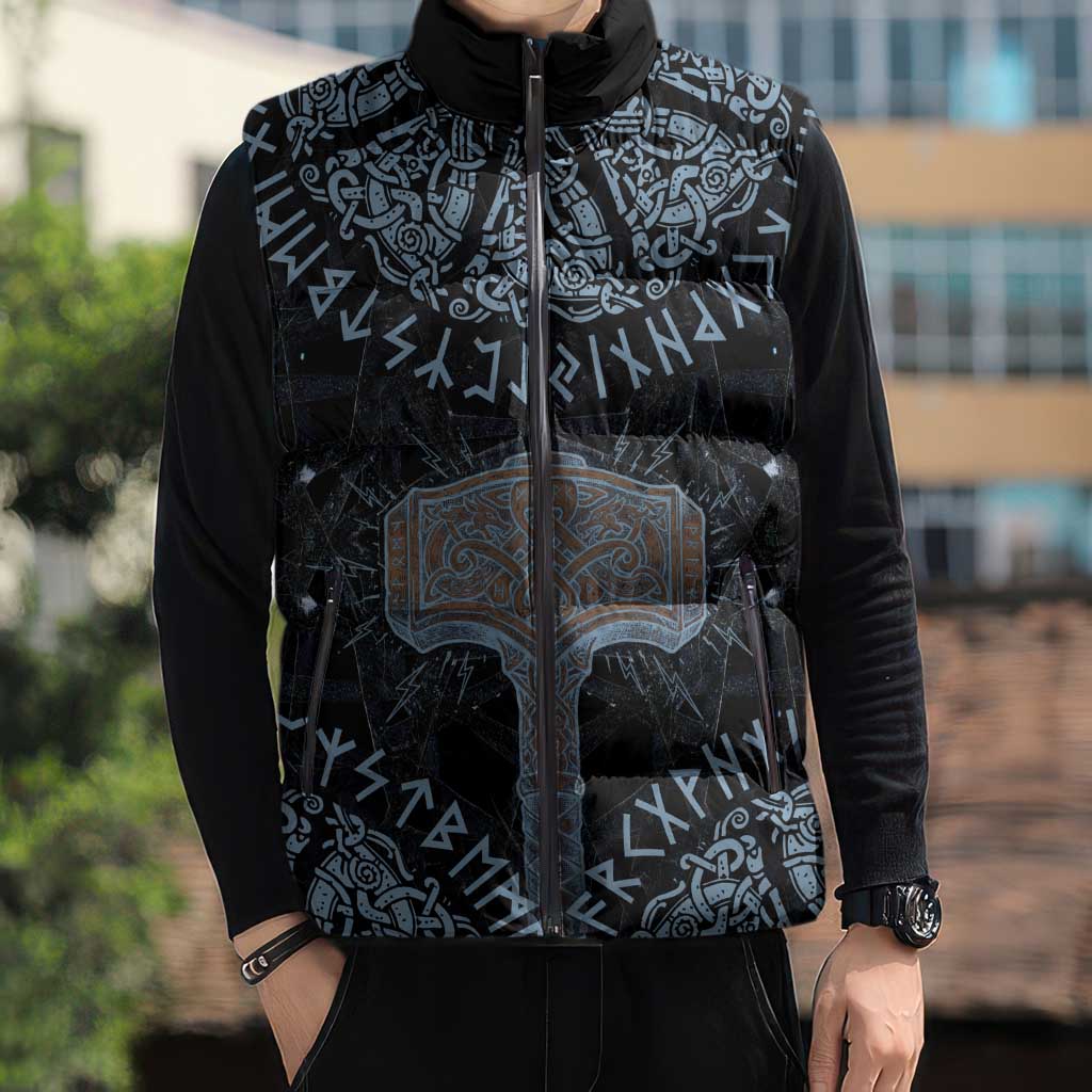 Thor and Jormungandr Norse Mythology Viking Sleeveless Puffer Jacket Celtic Knot and Rune Art Style