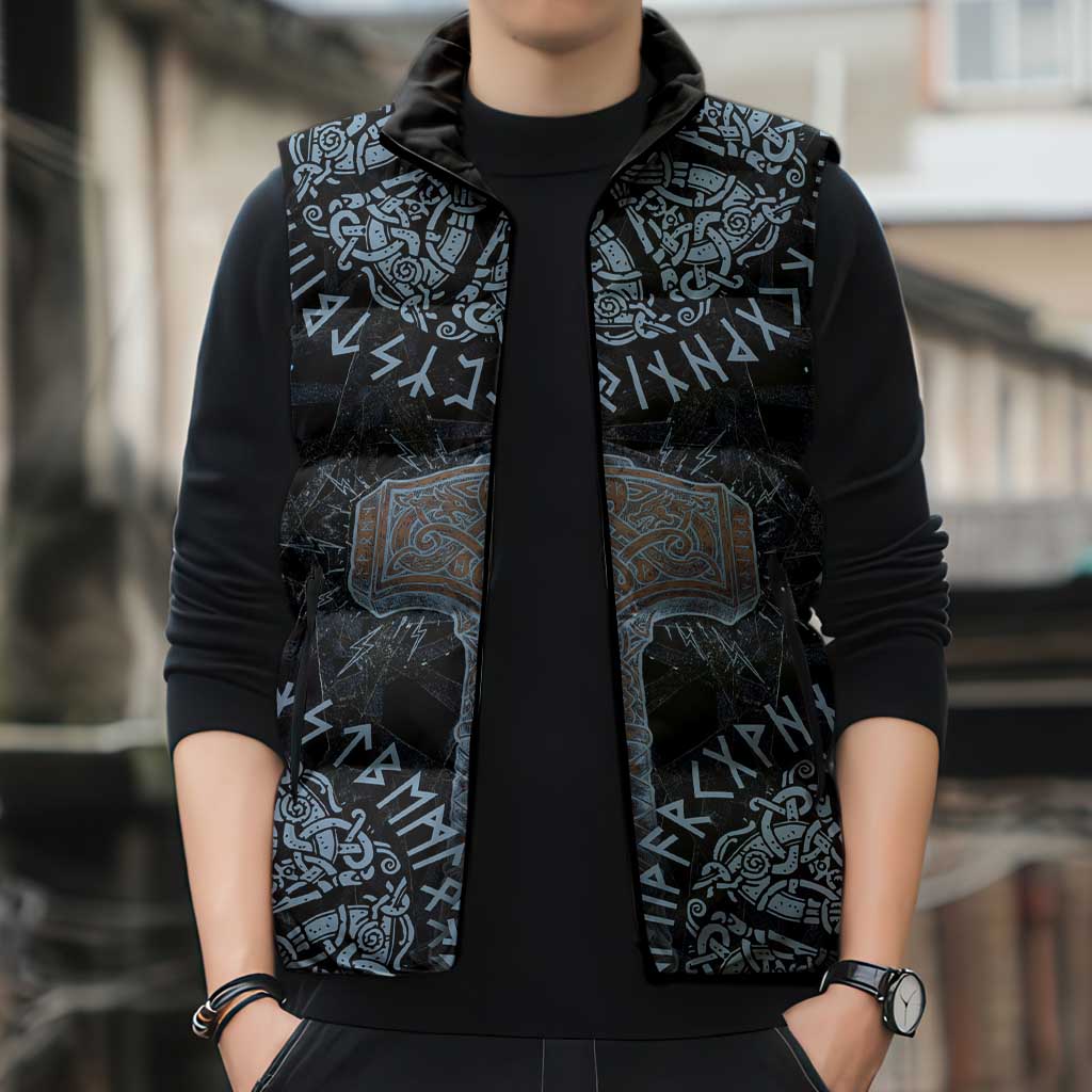 Thor and Jormungandr Norse Mythology Viking Sleeveless Puffer Jacket Celtic Knot and Rune Art Style