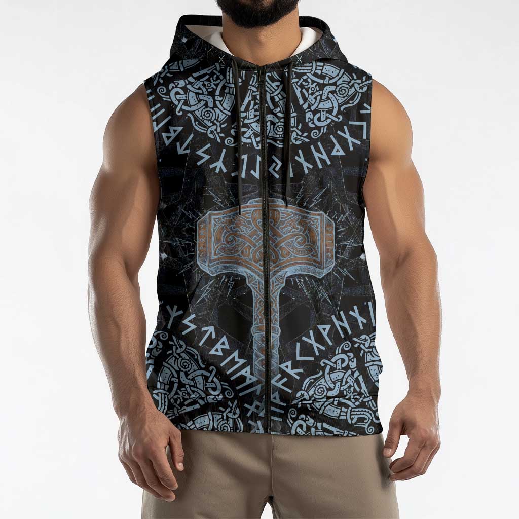 Thor and Jormungandr Norse Mythology Viking Sleeveless Zip Hoodie Celtic Knot and Rune Art Style