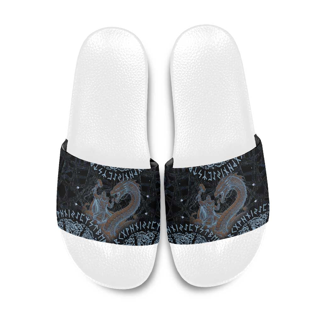 Thor and Jormungandr Norse Mythology Viking Slide Sandals Celtic Knot and Rune Art Style