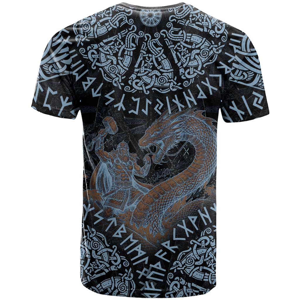 Thor and Jormungandr Norse Mythology Viking T Shirt Celtic Knot and Rune Art Style