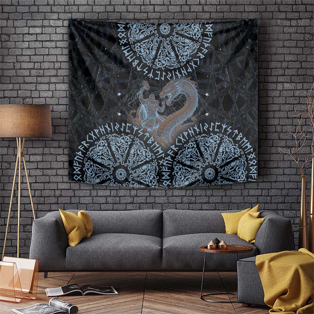 Thor and Jormungandr Norse Mythology Viking Tapestry Celtic Knot and Rune Art Style