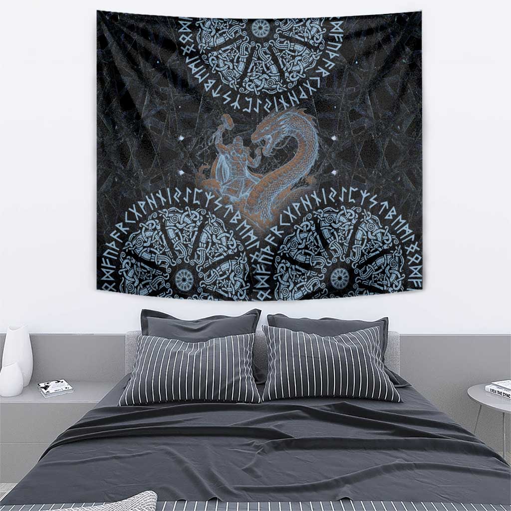 Thor and Jormungandr Norse Mythology Viking Tapestry Celtic Knot and Rune Art Style