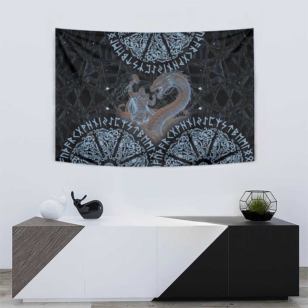 Thor and Jormungandr Norse Mythology Viking Tapestry Celtic Knot and Rune Art Style