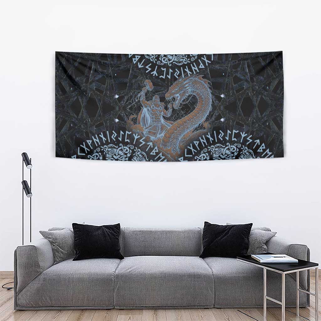 Thor and Jormungandr Norse Mythology Viking Tapestry Celtic Knot and Rune Art Style