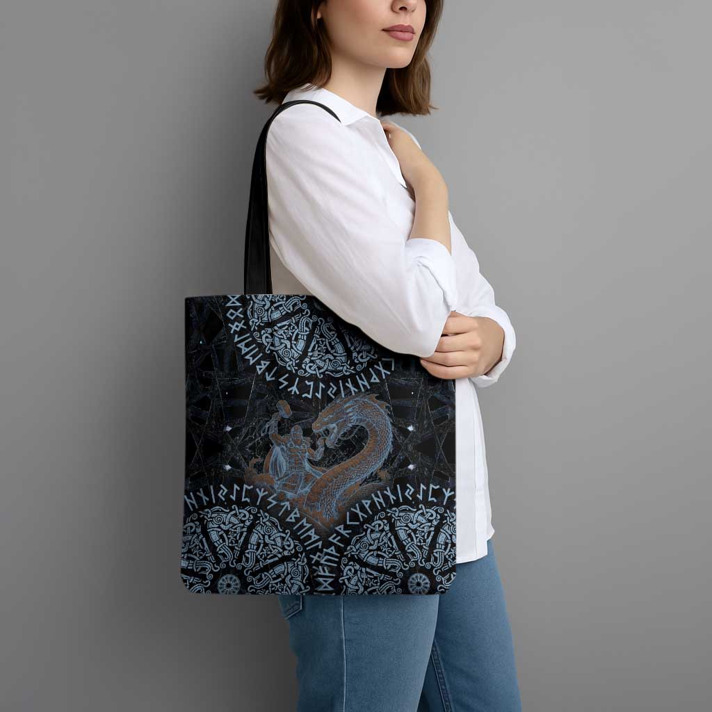 Thor and Jormungandr Norse Mythology Viking Tote Bag Celtic Knot and Rune Art Style