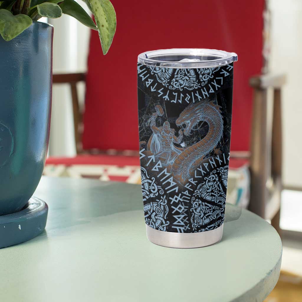 Thor and Jormungandr Norse Mythology Viking Tumbler Cup Celtic Knot and Rune Art Style