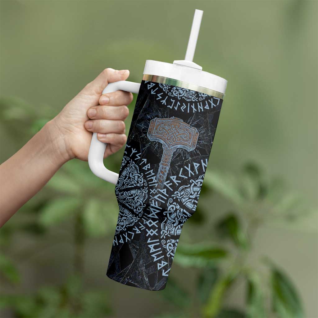 Thor and Jormungandr Norse Mythology Viking Tumbler With Handle Celtic Knot and Rune Art Style