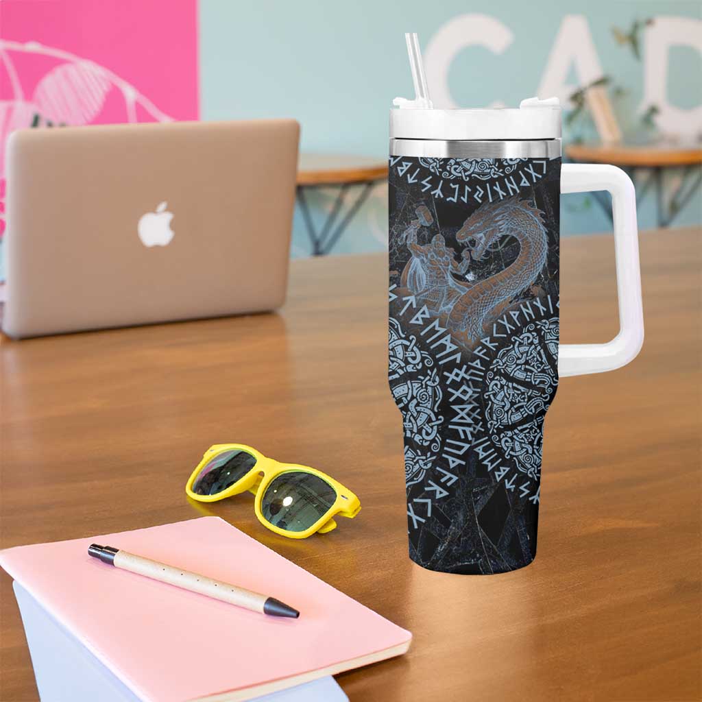 Thor and Jormungandr Norse Mythology Viking Tumbler With Handle Celtic Knot and Rune Art Style