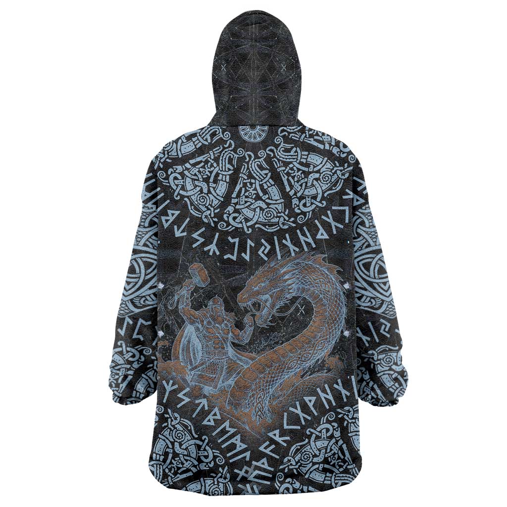 Thor and Jormungandr Norse Mythology Viking Wearable Blanket Hoodie Celtic Knot and Rune Art Style
