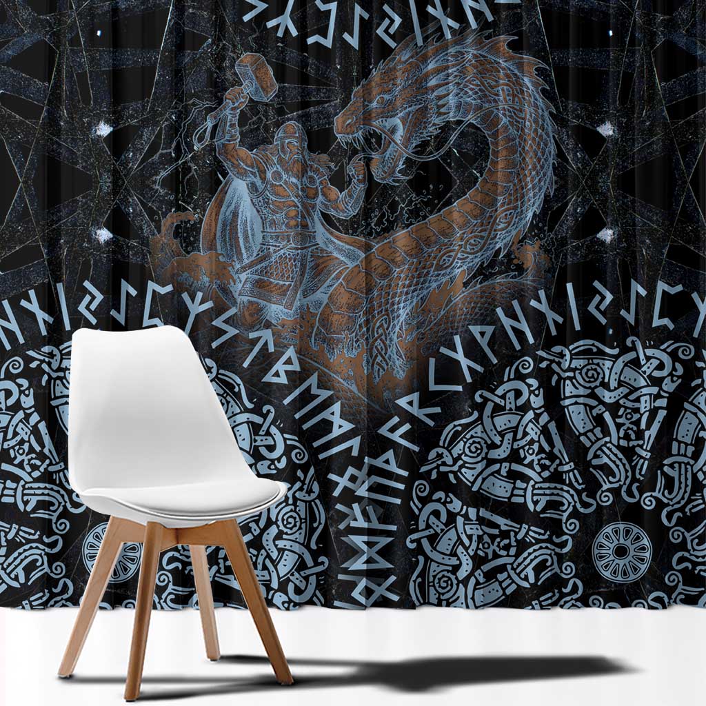 Thor and Jormungandr Norse Mythology Viking Window Curtain Celtic Knot and Rune Art Style