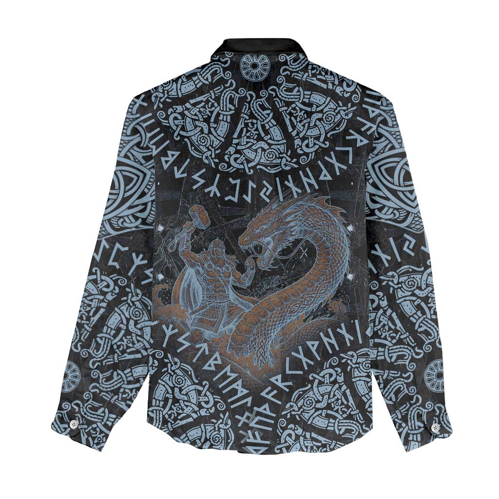 Thor and Jormungandr Norse Mythology Viking Women Casual Shirt Celtic Knot and Rune Art Style