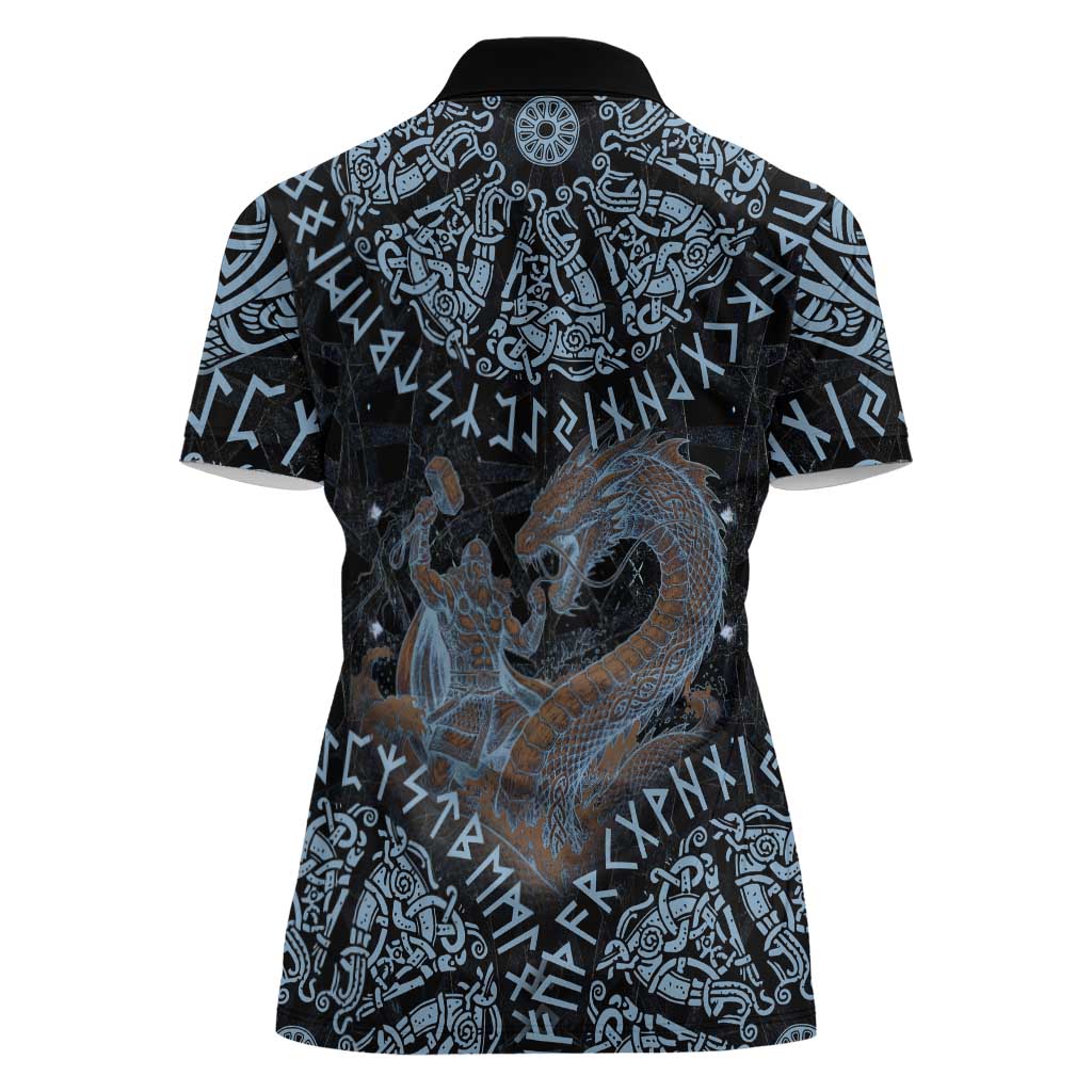 Thor and Jormungandr Norse Mythology Viking Women Polo Shirt Celtic Knot and Rune Art Style