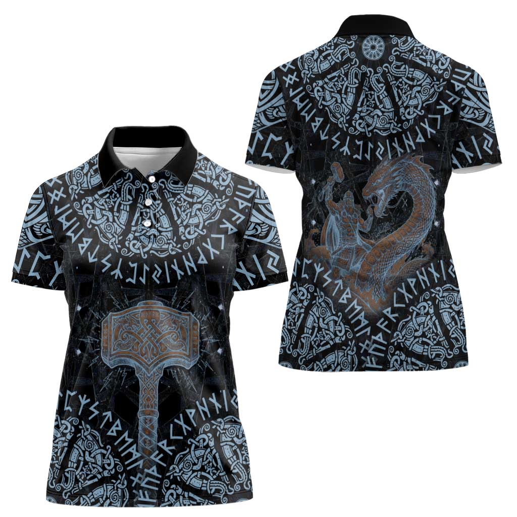 Thor and Jormungandr Norse Mythology Viking Women Polo Shirt Celtic Knot and Rune Art Style