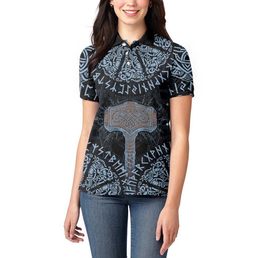 Thor and Jormungandr Norse Mythology Viking Women Polo Shirt Celtic Knot and Rune Art Style