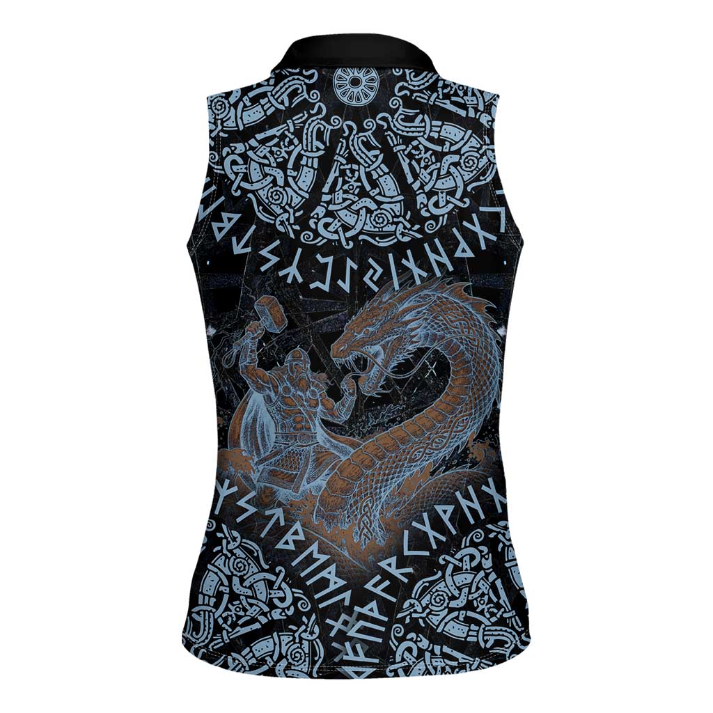 Thor and Jormungandr Norse Mythology Viking Women Sleeveless Polo Shirt Celtic Knot and Rune Art Style
