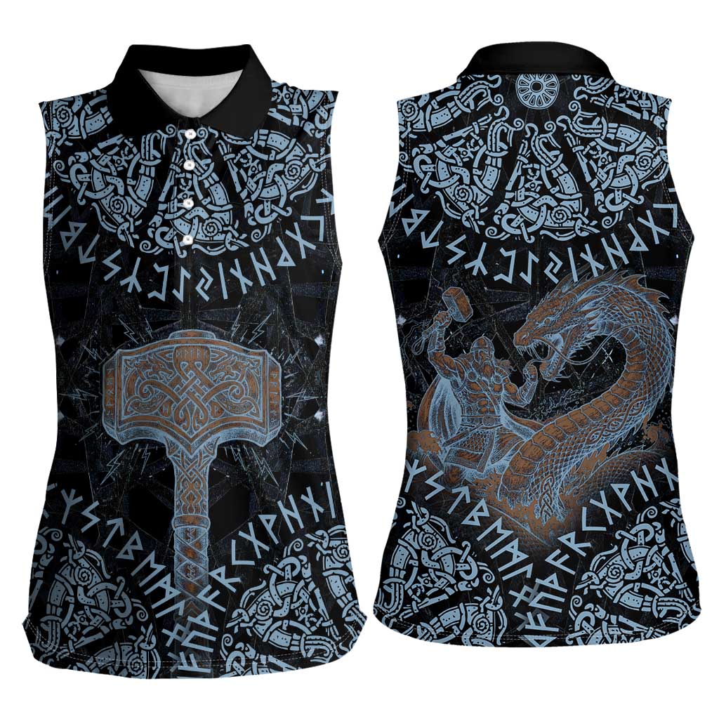 Thor and Jormungandr Norse Mythology Viking Women Sleeveless Polo Shirt Celtic Knot and Rune Art Style