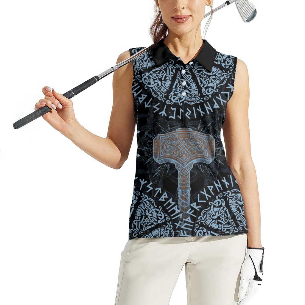 Thor and Jormungandr Norse Mythology Viking Women Sleeveless Polo Shirt Celtic Knot and Rune Art Style