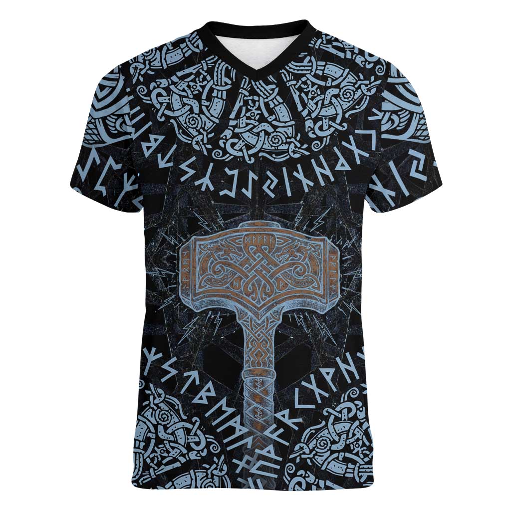 Thor and Jormungandr Norse Mythology Viking Women V-Neck T-Shirt Celtic Knot and Rune Art Style