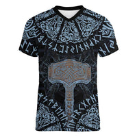 Thor and Jormungandr Norse Mythology Viking Women V-Neck T-Shirt Celtic Knot and Rune Art Style