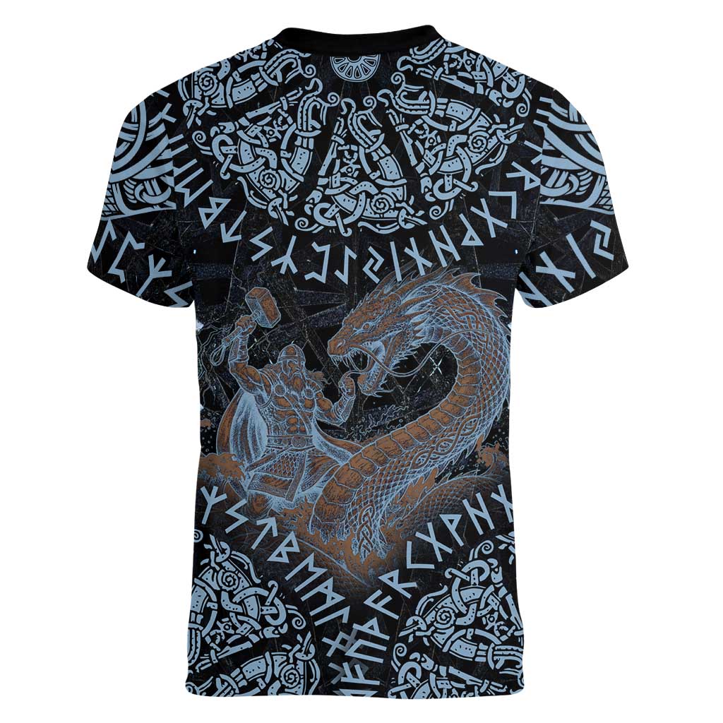 Thor and Jormungandr Norse Mythology Viking Women V-Neck T-Shirt Celtic Knot and Rune Art Style